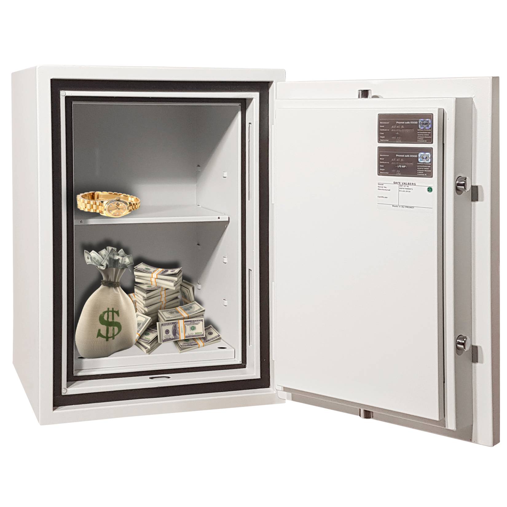 Sejf ogniotrwały na klucz Valberg ASF 67 - przykładowa zawartość